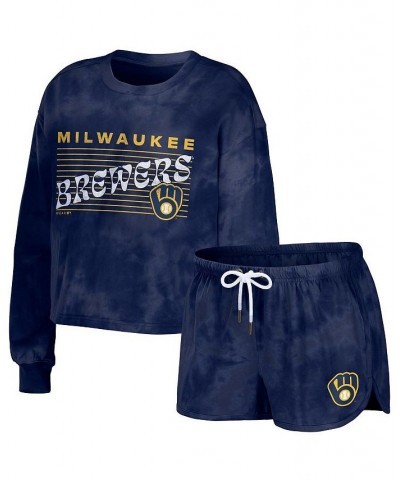 Women's Navy Milwaukee Brewers Tie-Dye Cropped Pullover Sweatshirt and Shorts Lounge Set Navy $36.90 Pajama