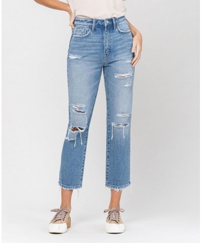 Women's Super High Rise Distressed Crop Straight Jeans Light Blue $32.73 Jeans