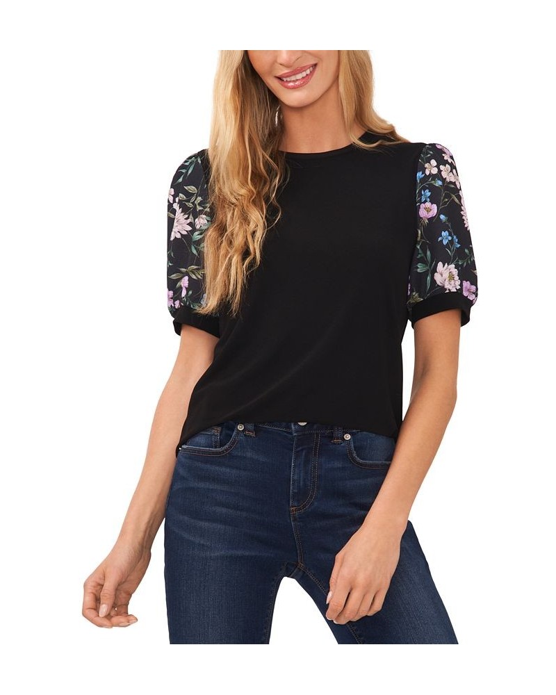 Women's Mixed-Media Floral Puff-Sleeve Top Black $26.16 Tops