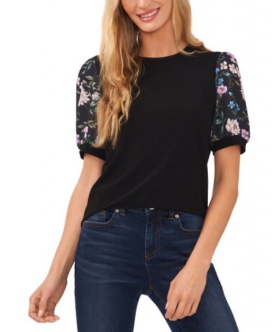 Women's Mixed-Media Floral Puff-Sleeve Top Black $26.16 Tops