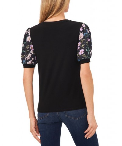 Women's Mixed-Media Floral Puff-Sleeve Top Black $26.16 Tops