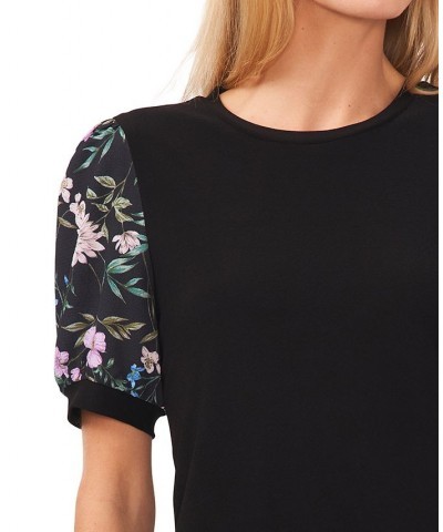 Women's Mixed-Media Floral Puff-Sleeve Top Black $26.16 Tops