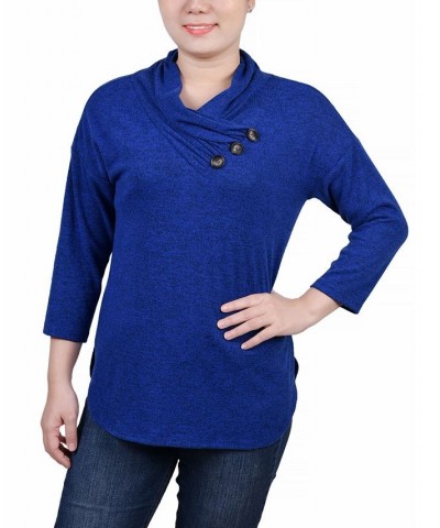 Petite 3/4 Sleeve Crossover Cowl Neck Top Blue $15.04 Tops