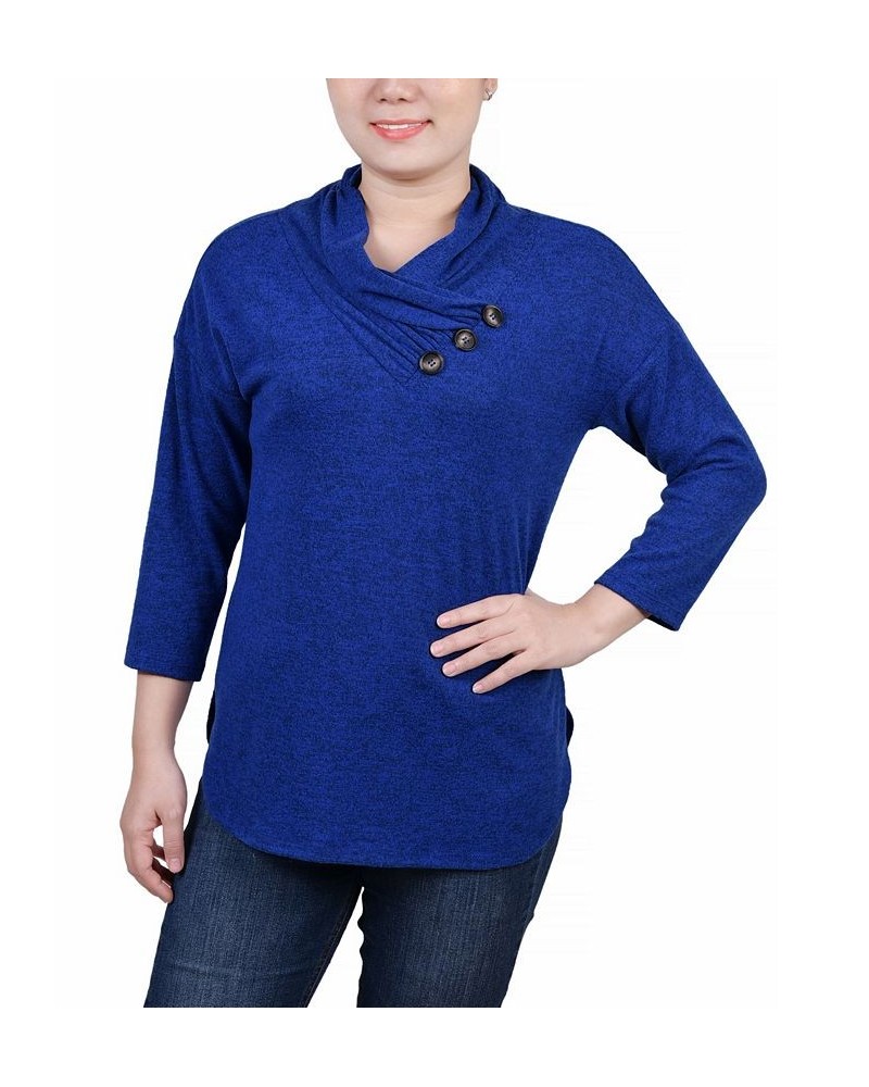 Petite 3/4 Sleeve Crossover Cowl Neck Top Blue $15.04 Tops