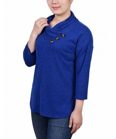 Petite 3/4 Sleeve Crossover Cowl Neck Top Blue $15.04 Tops