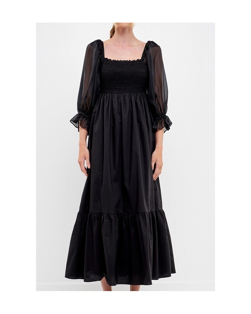 Women's Poplin Organza Midi Dress Black $73.50 Dresses