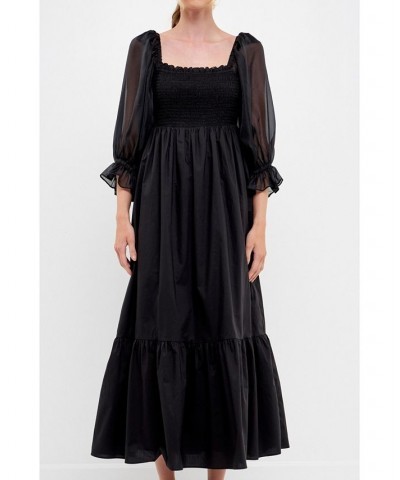 Women's Poplin Organza Midi Dress Black $73.50 Dresses