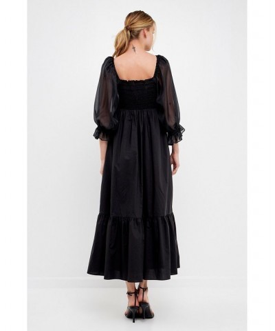 Women's Poplin Organza Midi Dress Black $73.50 Dresses