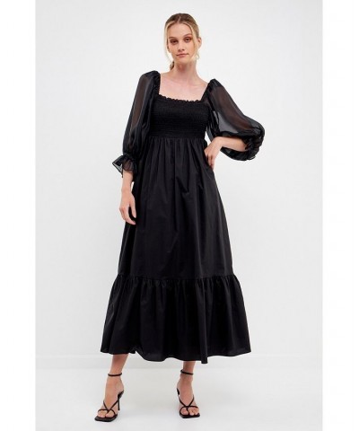 Women's Poplin Organza Midi Dress Black $73.50 Dresses