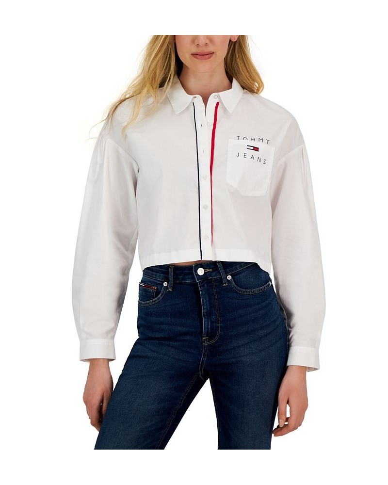 Women's Cotton Button-Front Cropped Shirt Bright White $22.70 Tops