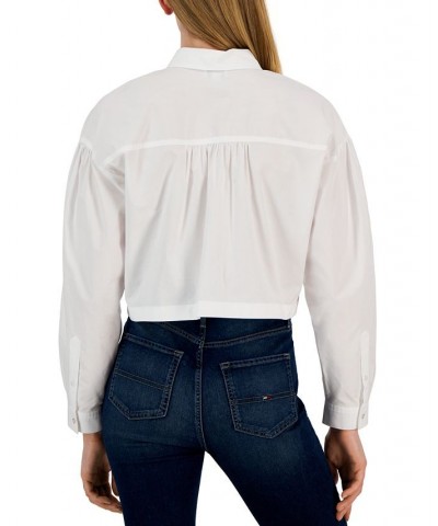 Women's Cotton Button-Front Cropped Shirt Bright White $22.70 Tops