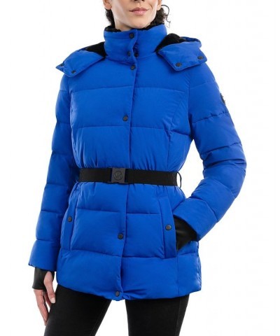 Women's Belted Hooded Puffer Coat Lapis $64.60 Coats