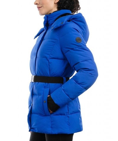 Women's Belted Hooded Puffer Coat Lapis $64.60 Coats