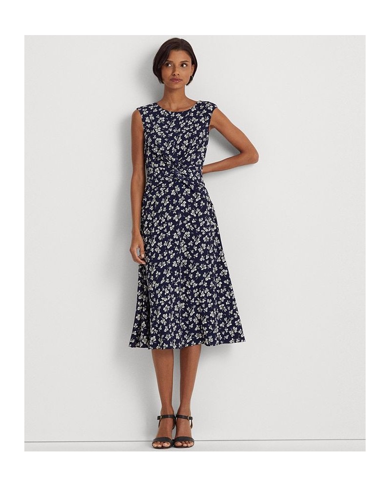 Women's Leaf-Print Twist-Front Crepe Dress Navy/Cream $51.15 Dresses