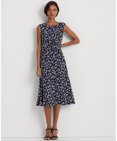 Women's Leaf-Print Twist-Front Crepe Dress Navy/Cream $51.15 Dresses