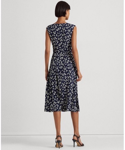 Women's Leaf-Print Twist-Front Crepe Dress Navy/Cream $51.15 Dresses