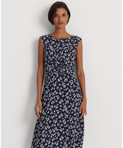 Women's Leaf-Print Twist-Front Crepe Dress Navy/Cream $51.15 Dresses