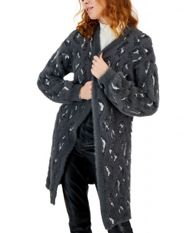 Women's Fuzzy Animal-Print Open-Front Cardigan Grey Cheet $17.25 Sweaters