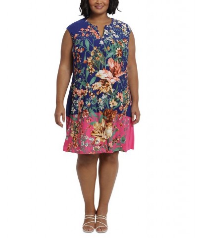 Plus Size Printed Split-Neck Shift Dress Royal/Pink $49.05 Dresses