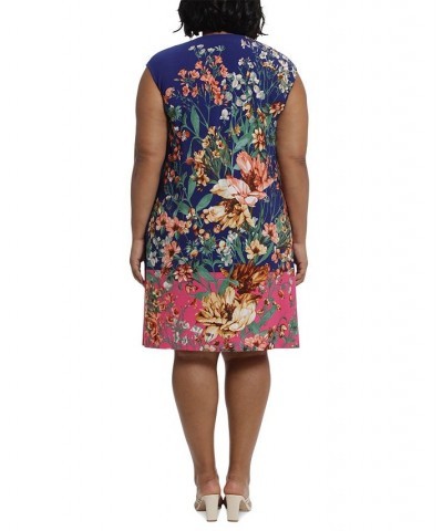 Plus Size Printed Split-Neck Shift Dress Royal/Pink $49.05 Dresses