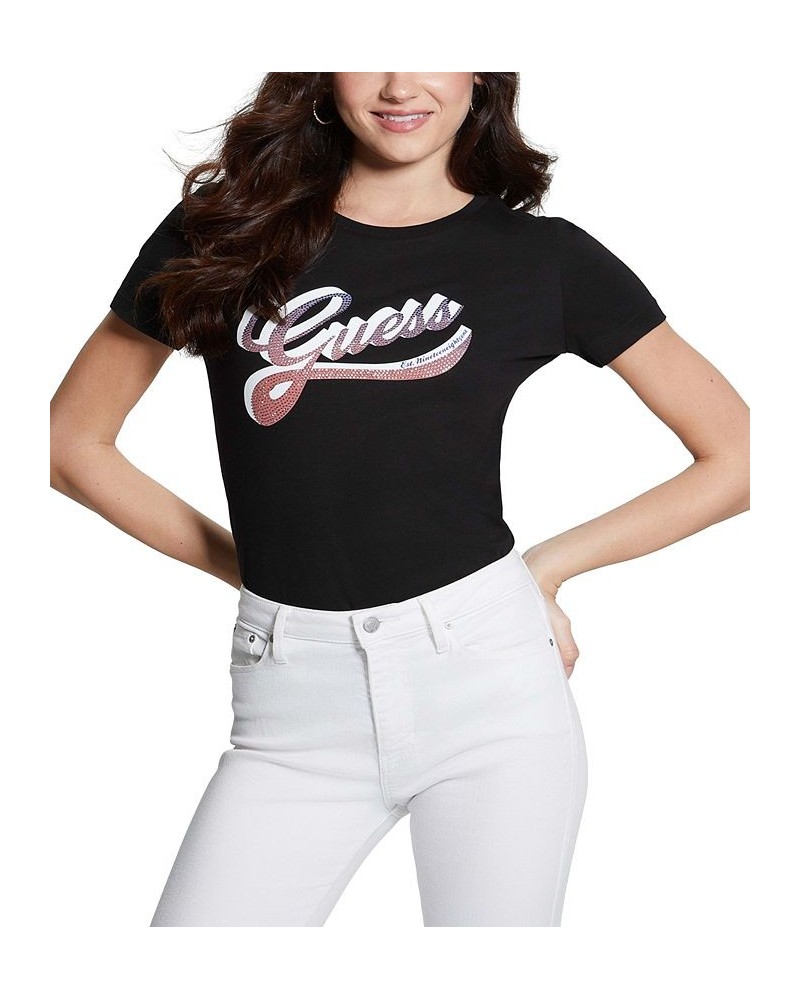 Women's Shaded Embellished Logo Cotton T-Shirt Black $23.52 Tops