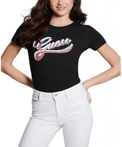 Women's Shaded Embellished Logo Cotton T-Shirt Black $23.52 Tops