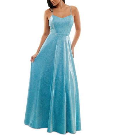 Juniors' Mesh-Back Glitter Ball Gown Cyan Blue $52.39 Dresses