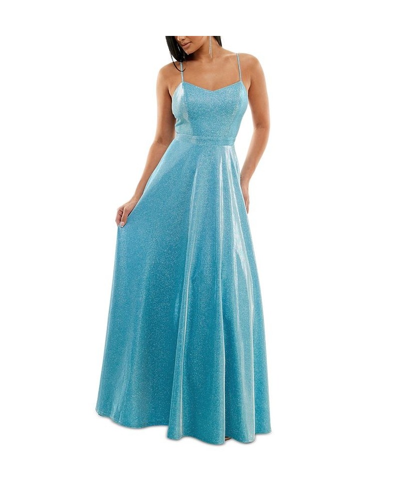Juniors' Mesh-Back Glitter Ball Gown Cyan Blue $52.39 Dresses
