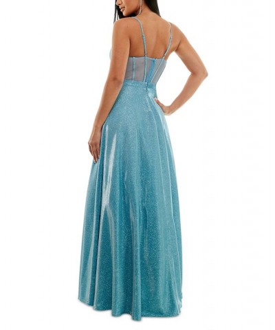 Juniors' Mesh-Back Glitter Ball Gown Cyan Blue $52.39 Dresses