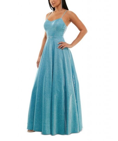 Juniors' Mesh-Back Glitter Ball Gown Cyan Blue $52.39 Dresses