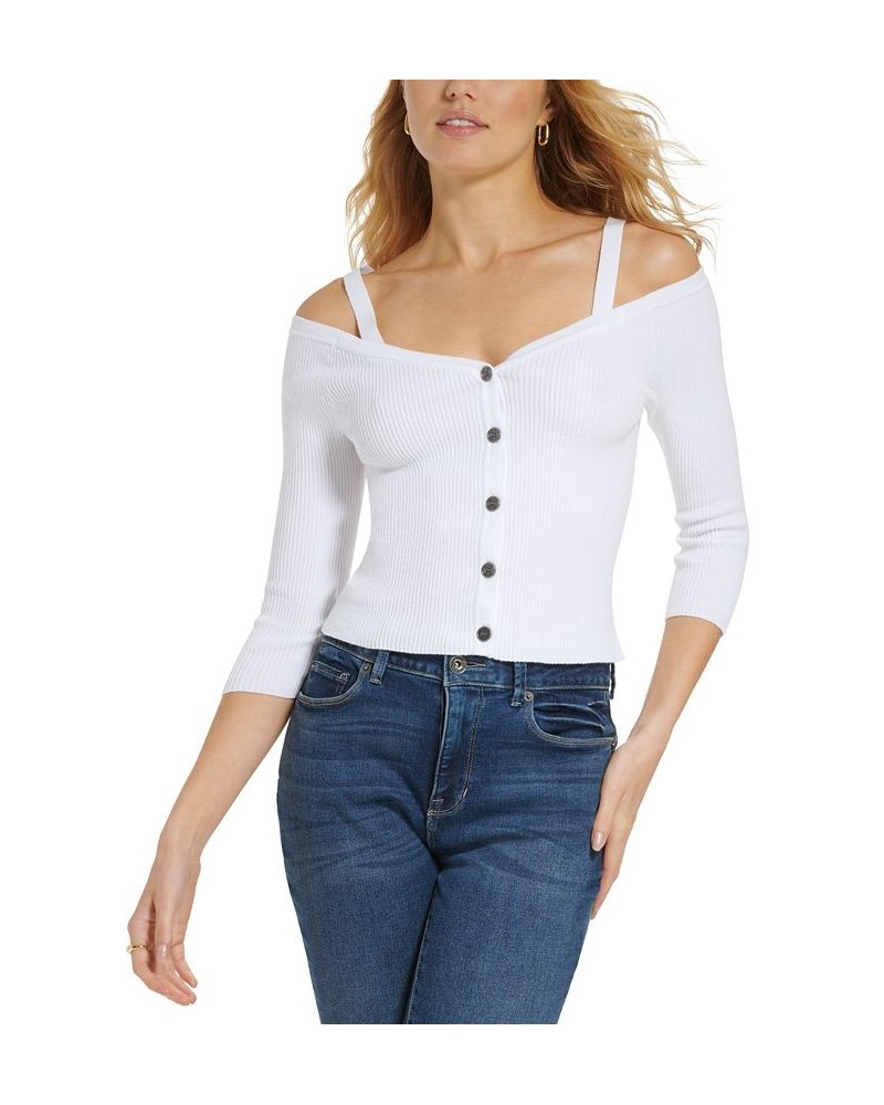 Women's Long-Sleeve Button-Front Cold-Shoulder Sweater White $46.28 Sweaters