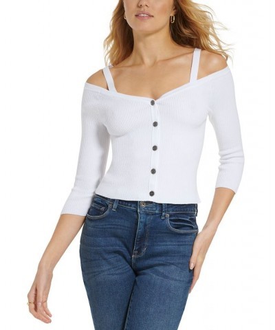 Women's Long-Sleeve Button-Front Cold-Shoulder Sweater White $46.28 Sweaters