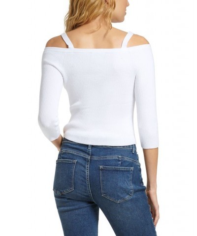 Women's Long-Sleeve Button-Front Cold-Shoulder Sweater White $46.28 Sweaters