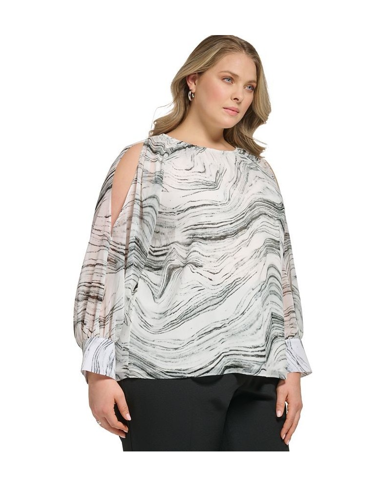 Plus Size Printed Cold-Shoulder Top White Black $27.88 Tops