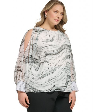 Plus Size Printed Cold-Shoulder Top White Black $27.88 Tops