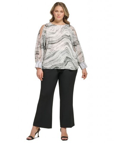 Plus Size Printed Cold-Shoulder Top White Black $27.88 Tops