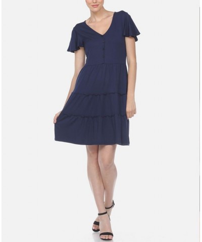 Women's Short Sleeve V-Neck Tiered Dress Navy $28.16 Dresses