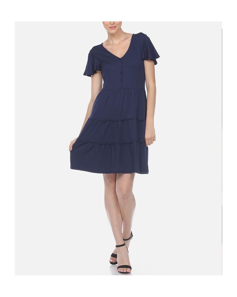Women's Short Sleeve V-Neck Tiered Dress Navy $28.16 Dresses