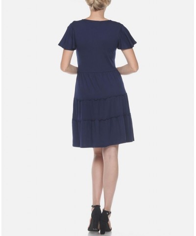 Women's Short Sleeve V-Neck Tiered Dress Navy $28.16 Dresses