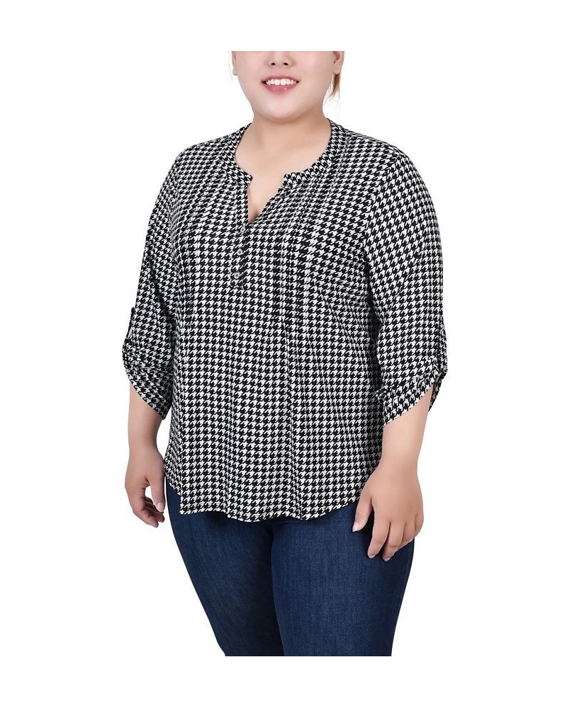 Plus Size 3/4 Roll Tab Pullover Top Black White Herringbone $14.31 Tops