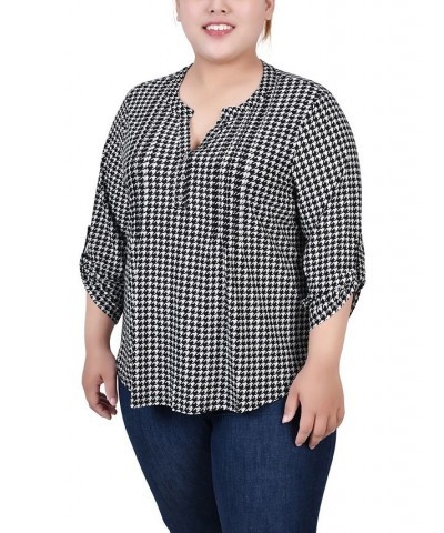 Plus Size 3/4 Roll Tab Pullover Top Black White Herringbone $14.31 Tops