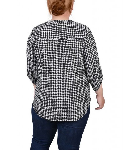 Plus Size 3/4 Roll Tab Pullover Top Black White Herringbone $14.31 Tops