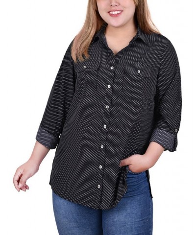 Plus Size 3/4 Sleeve Roll Tab Notch Collar Blouse Black/White Taranto Dot $16.64 Tops