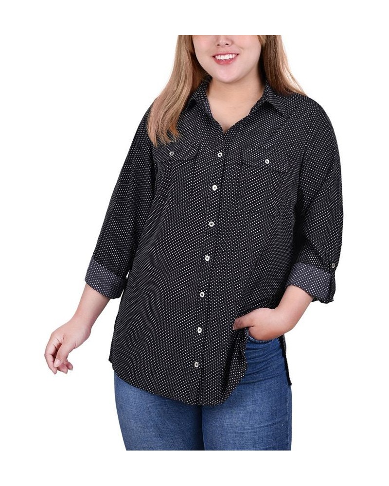 Plus Size 3/4 Sleeve Roll Tab Notch Collar Blouse Black/White Taranto Dot $16.64 Tops