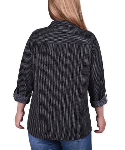 Plus Size 3/4 Sleeve Roll Tab Notch Collar Blouse Black/White Taranto Dot $16.64 Tops