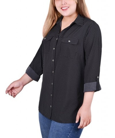 Plus Size 3/4 Sleeve Roll Tab Notch Collar Blouse Black/White Taranto Dot $16.64 Tops