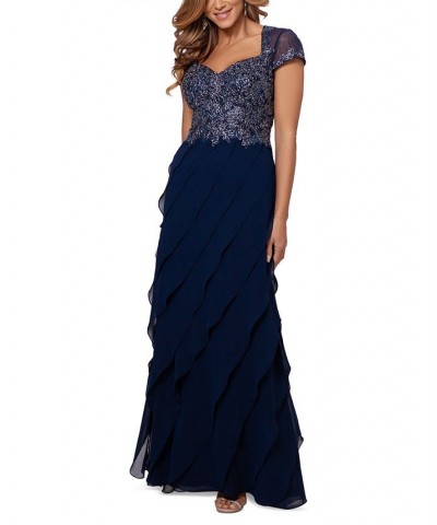 Embroidered-Bodice Ruffled-Skirt Dress Navy Blue/Silver $82.00 Dresses