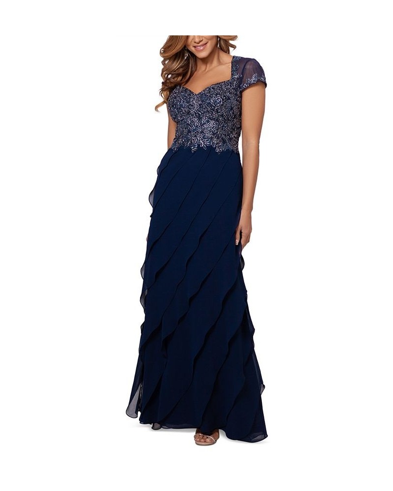 Embroidered-Bodice Ruffled-Skirt Dress Navy Blue/Silver $82.00 Dresses