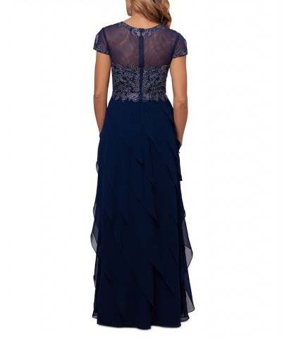 Embroidered-Bodice Ruffled-Skirt Dress Navy Blue/Silver $82.00 Dresses