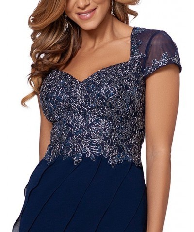 Embroidered-Bodice Ruffled-Skirt Dress Navy Blue/Silver $82.00 Dresses